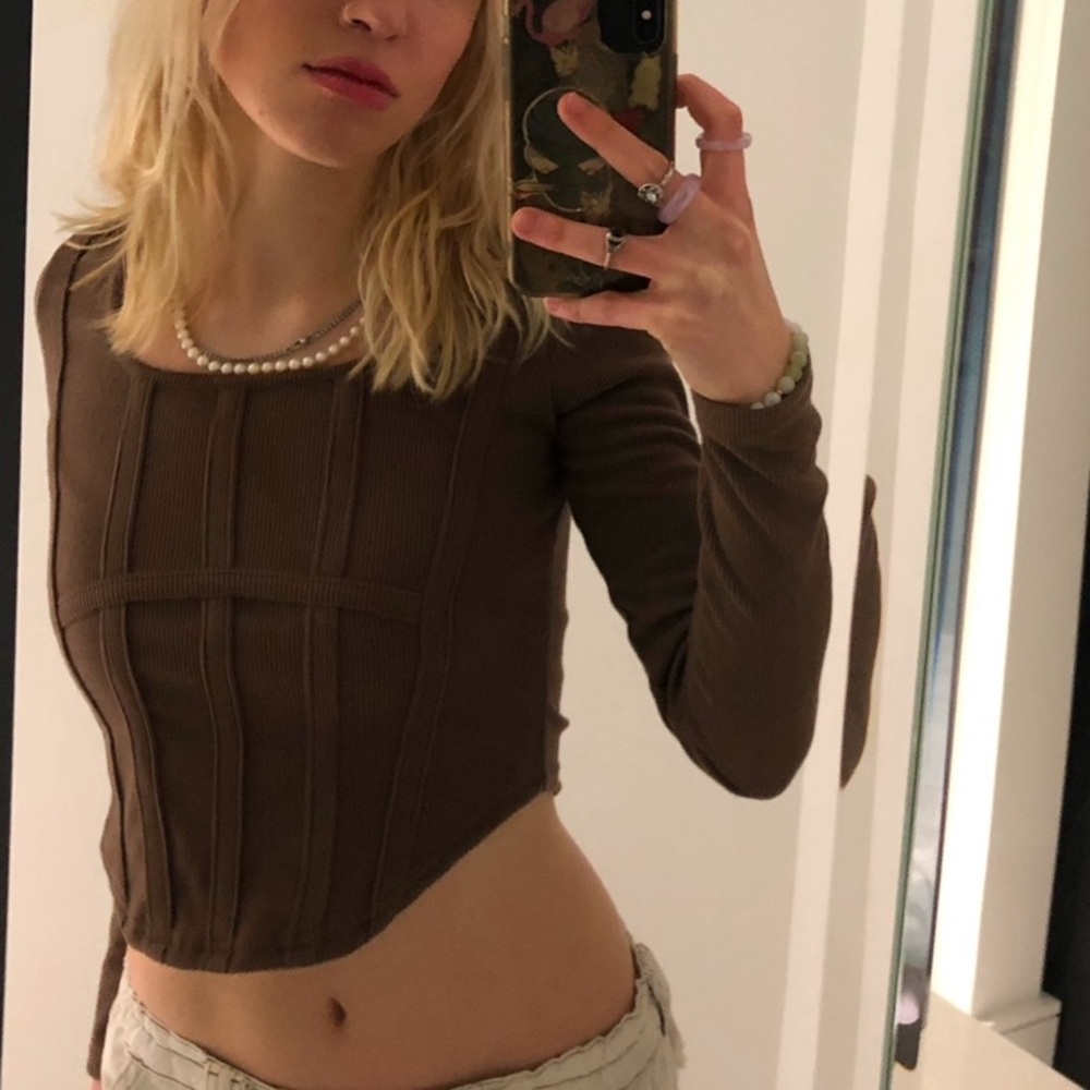 Brown Longsleeve Corset Style Crop Top XS